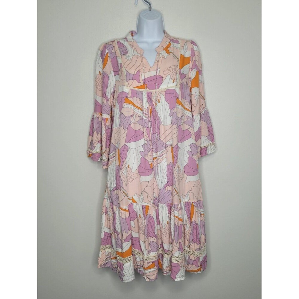 Sweet Salt white purple orange abstract shape artsy date church 3/4 sleeve dress